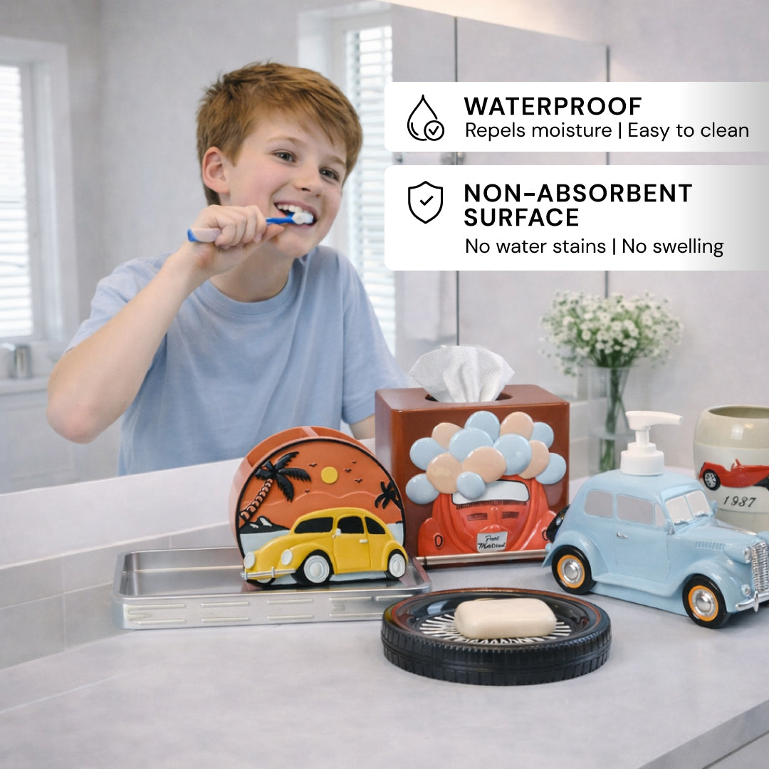 Elegant modern bathroom décor accessories set by AH7008, includes six stylish bath accessories from The Racer Collection.