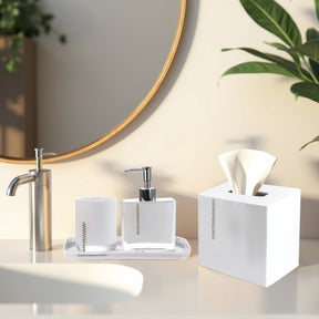 Set of four Crystal White bathroom accessories including soap dispenser, toothbrush holder, tumbler, and soap dish from B031CWH.