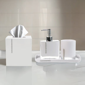 Set of four crystal white bathroom accessories including soap dispenser, toothbrush holder, tumbler, and soap dish by B031CWH.
