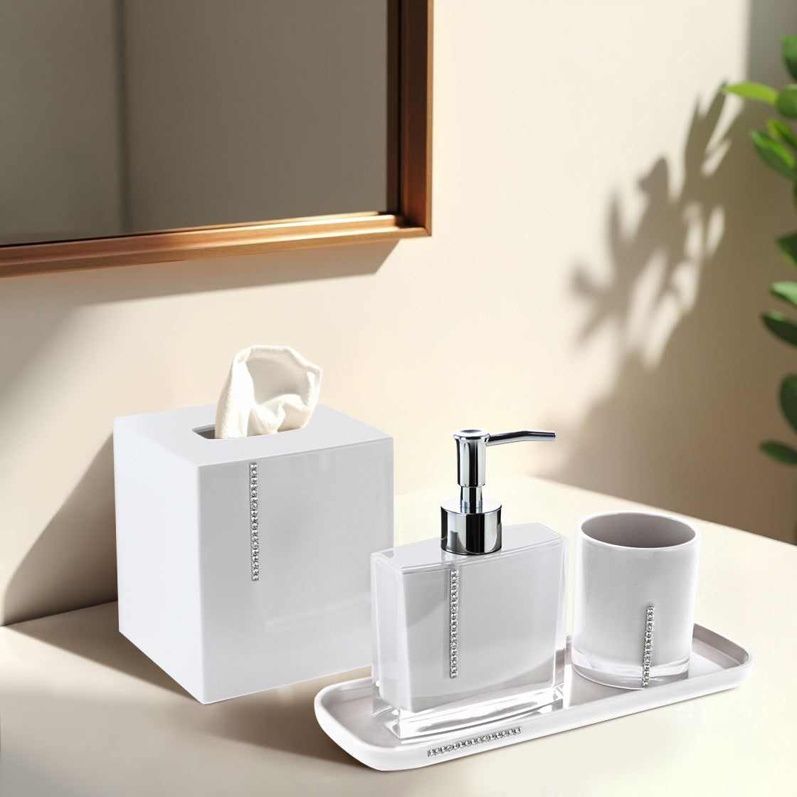 Set of four crystal white bathroom accessories, including soap dispenser, toothbrush holder, tumbler, and soap dish from B031CWH.