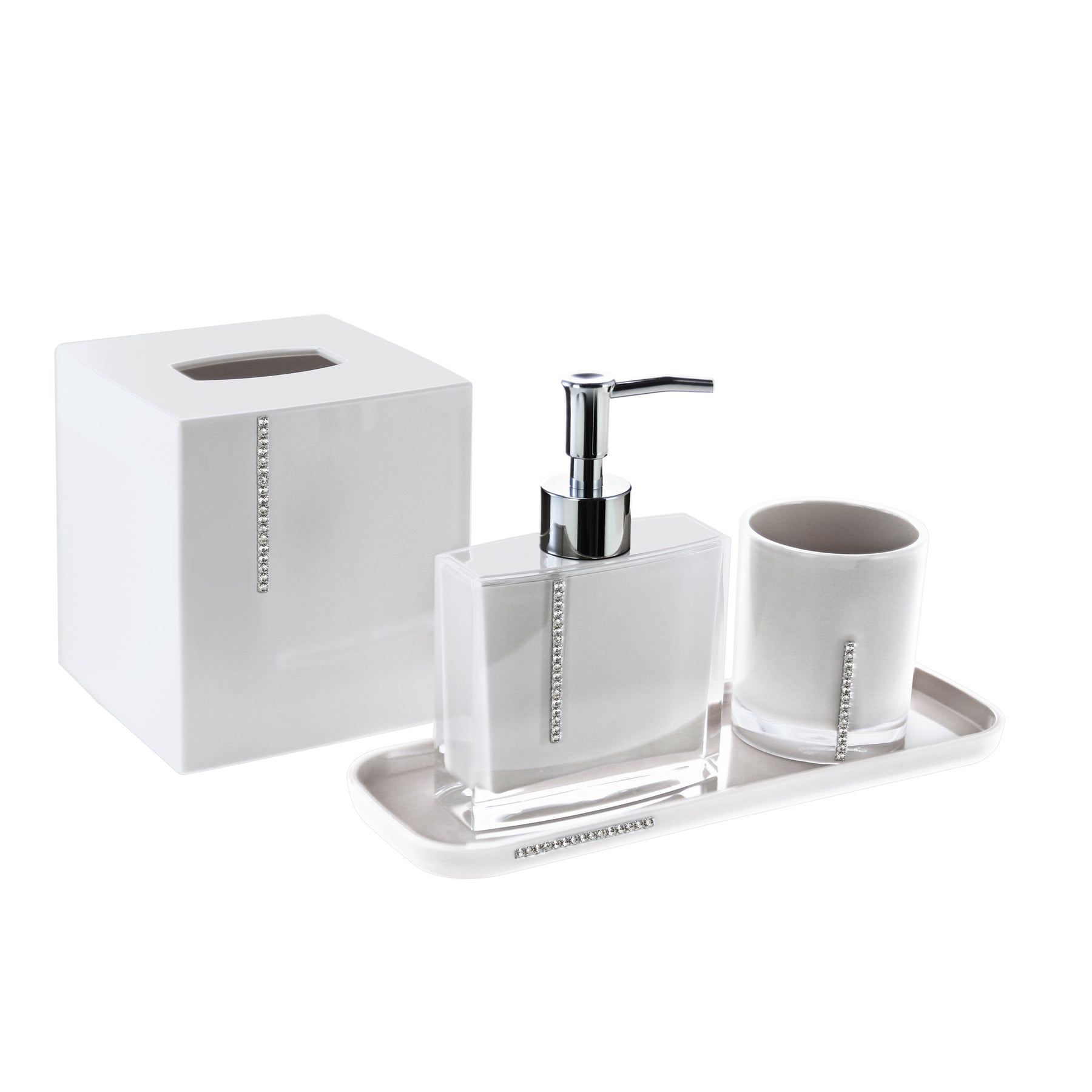 Set of four crystal white bathroom accessories including soap dispenser, toothbrush holder, tumbler, and soap dish from B031CWH.