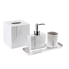 Set of four crystal white bathroom accessories including soap dispenser, toothbrush holder, tumbler, and soap dish from B031CWH.