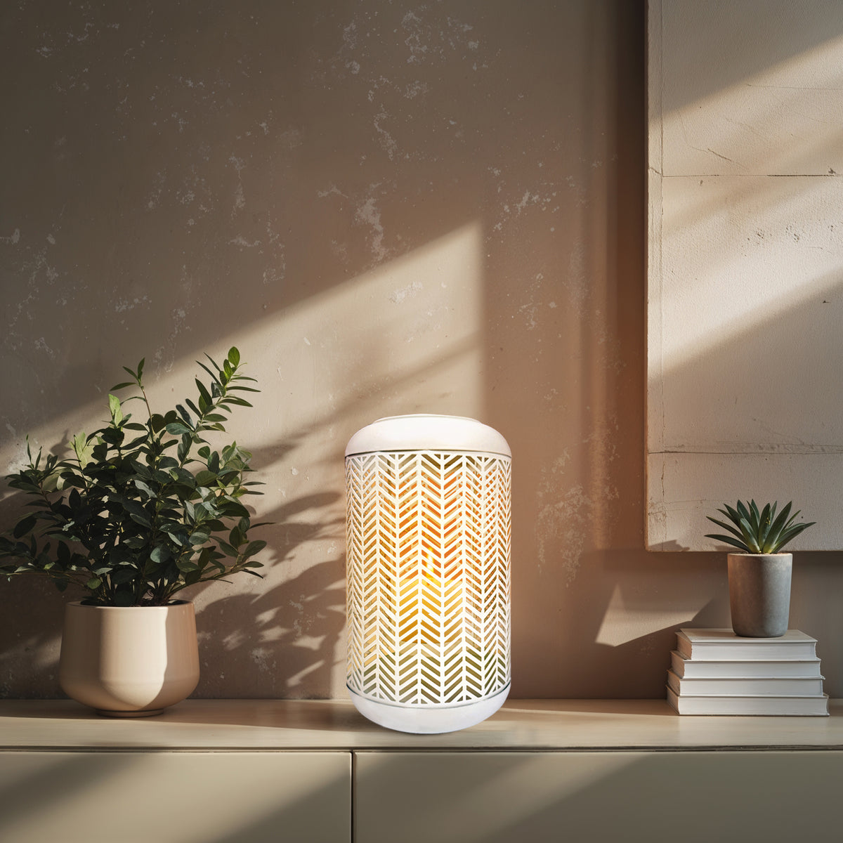 White Lattice Pattern with Glass Candle Holder Lantern