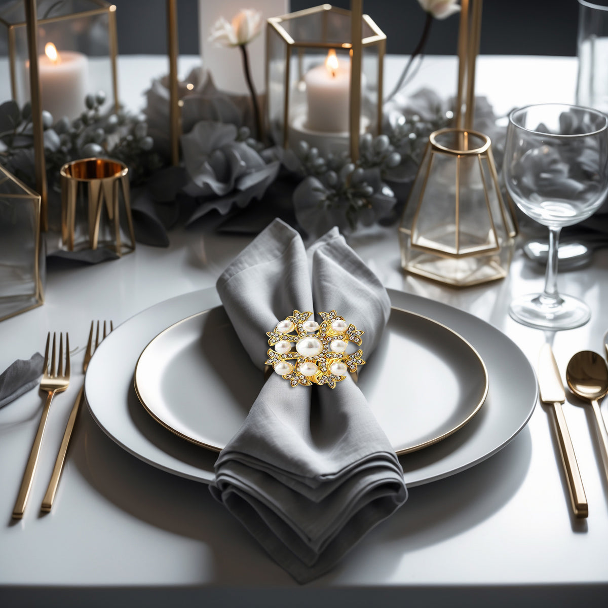 Napkin Rings in Gold Floral Pearl Design
