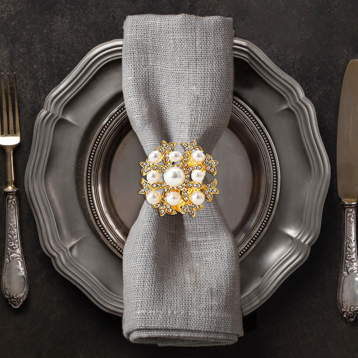 Napkin Rings in Gold Floral Pearl Design