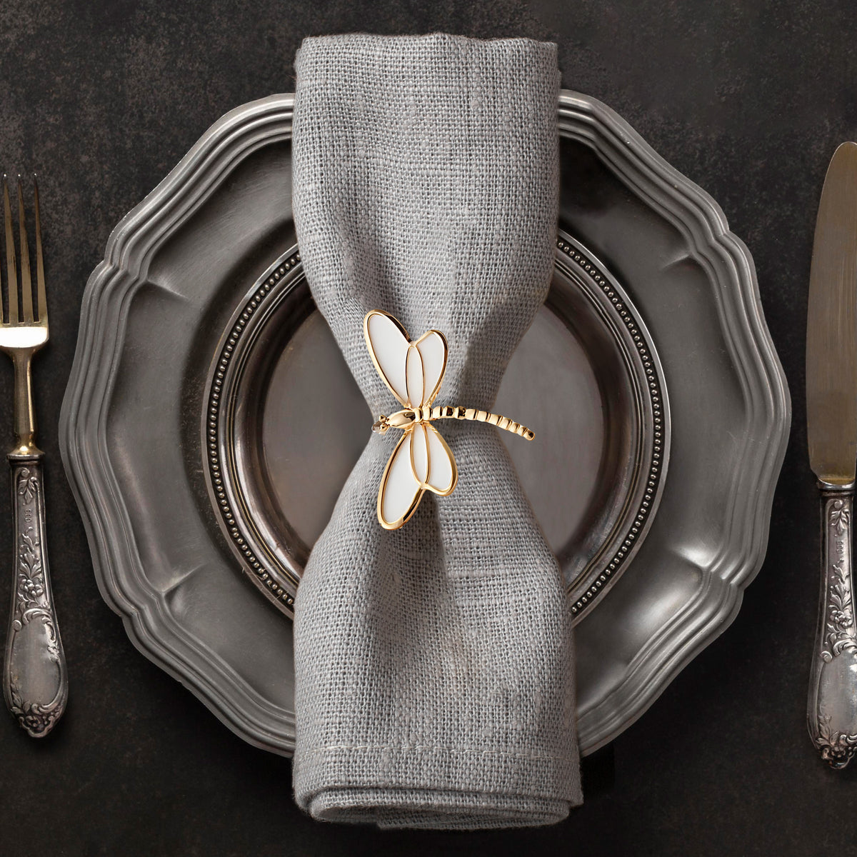 Napkin Rings in Gold White Dragon Fly Design