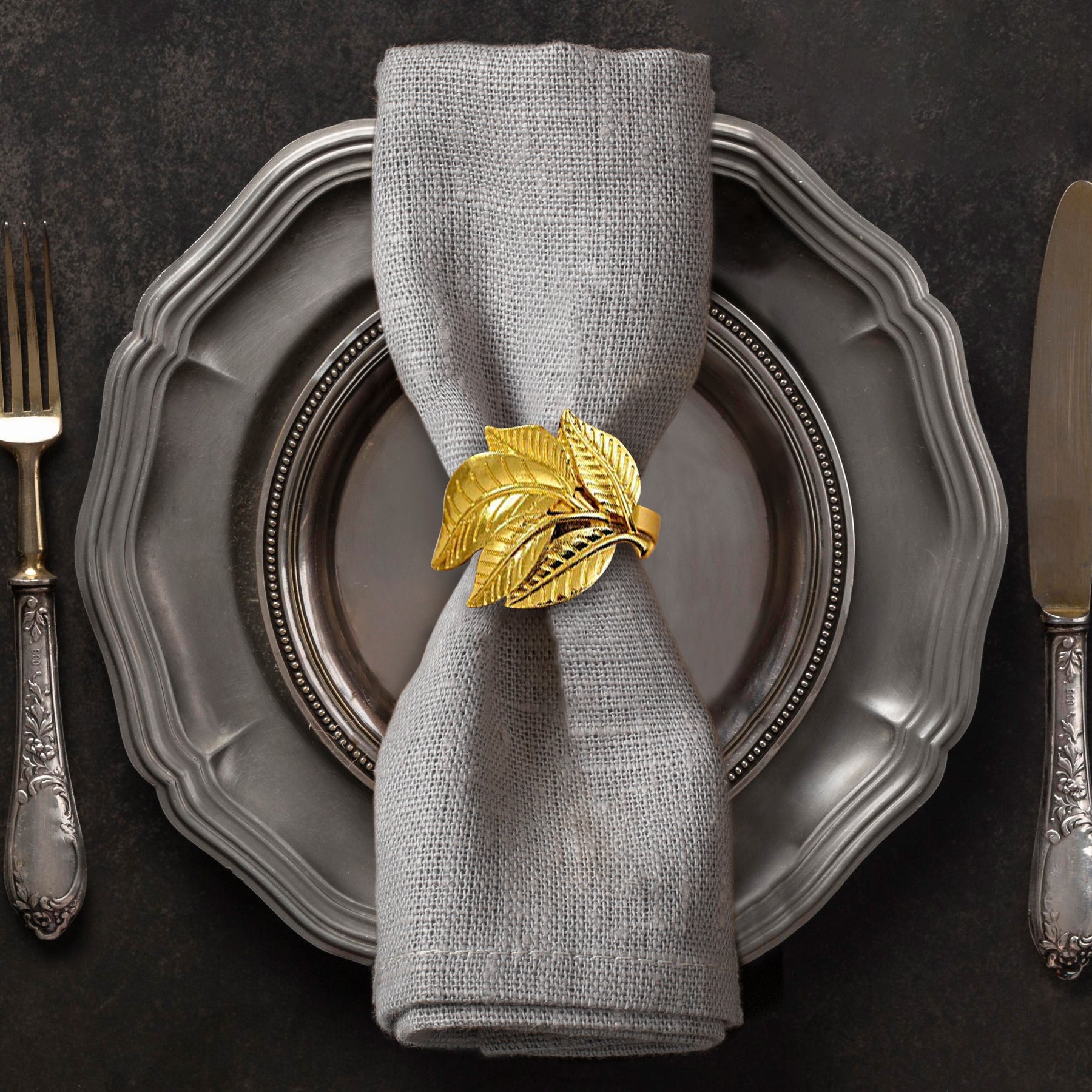 Napkin Rings in Gold Leaves Design