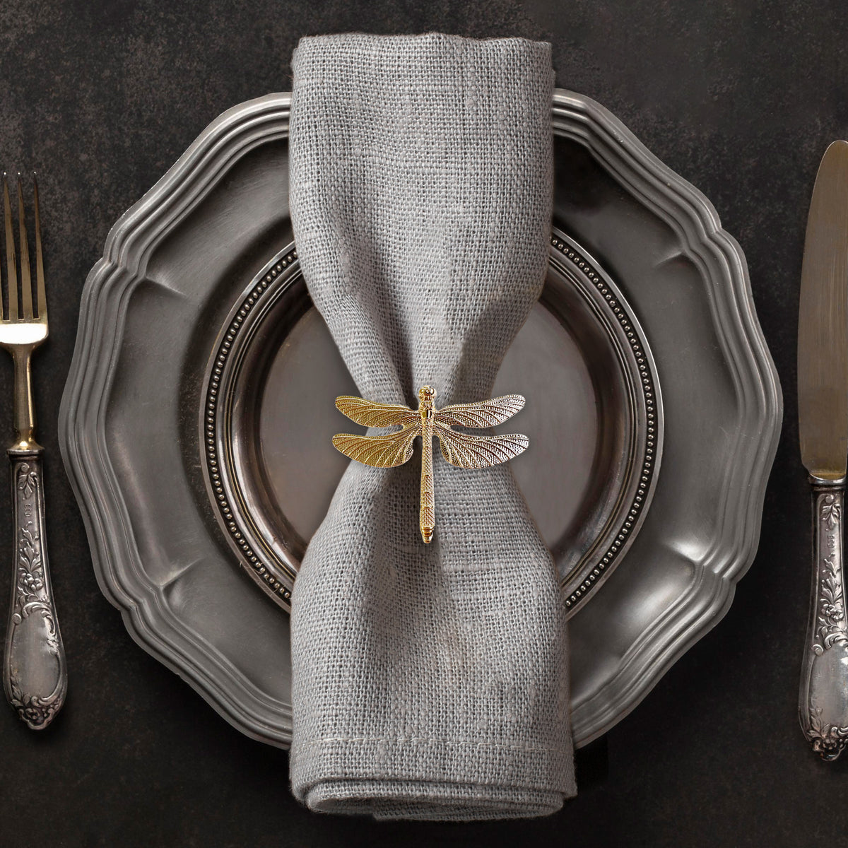 Napkin Rings in Gold Dragon Fly Design