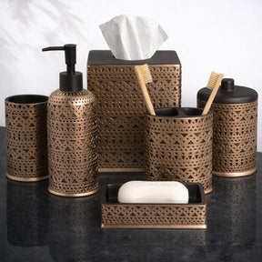 Set of six modern bathroom décor accessories from The Cappello Collection by AH8323, featuring elegant design and sleek finishes.