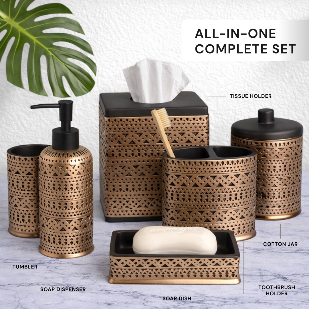 Elegant modern bathroom décor accessories set of 6 by AH8323, including soap dispenser, toothbrush holder, and matching accessories.