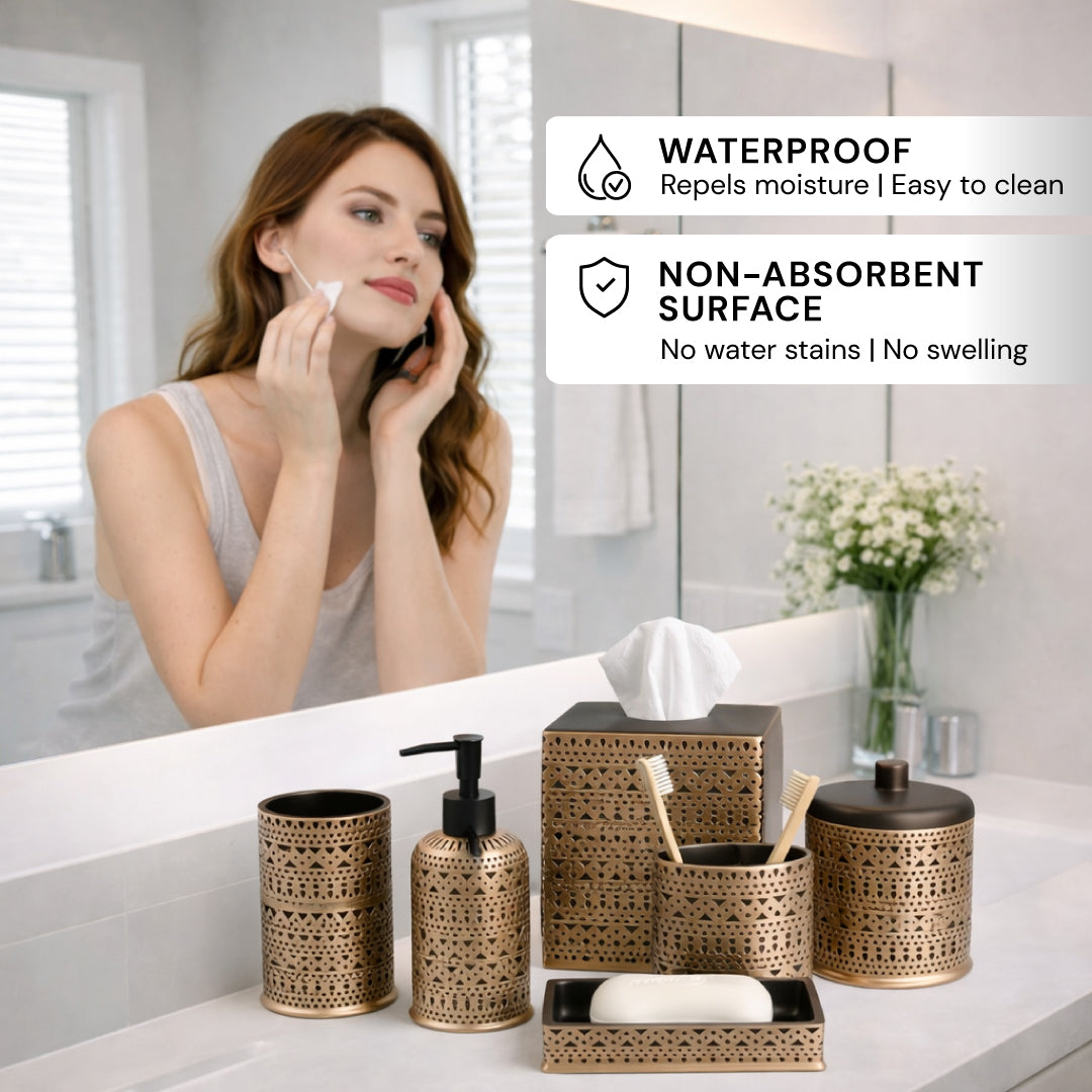Set of six elegant modern bathroom décor accessories from The Cappello Collection by AH8323, including soap dispensers and holders.