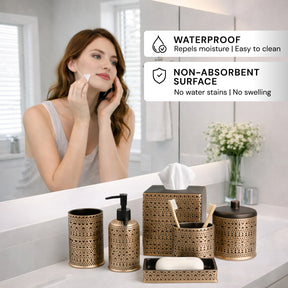 Set of six elegant modern bathroom décor accessories from The Cappello Collection by AH8323, including soap dispensers and holders.