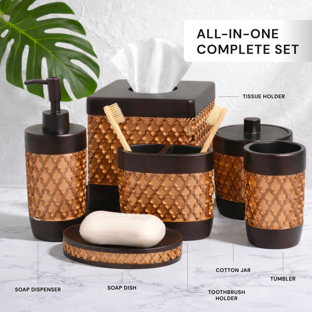 Set of six elegant modern bathroom décor accessories from The Wally Collection, featuring sleek design and stylish details.