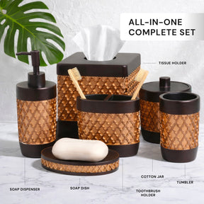 Set of six elegant modern bathroom décor accessories from The Wally Collection, featuring sleek design and stylish details.
