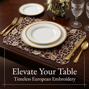 Plum Gold Placemats – Rustic Table Placemats 12x18 inch | Embroidered Dining Decor