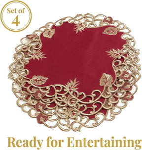 Burgundy Gold Doilies – Rustic Table Decor 15 Inch Embroidered Table Mats