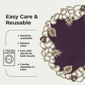 Plum Gold Table Doilies – Velvet Plum Embroidered Doilies for Rustic Table Decor