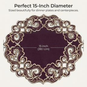 Plum Gold Doilies – Granada Collection 15 Inch Rustic Table Decor Embroidered Linens