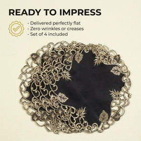 Black Gold Table Doilies – 15 Inch Embroidered Rustic Table Decor for Indoor Outdoor