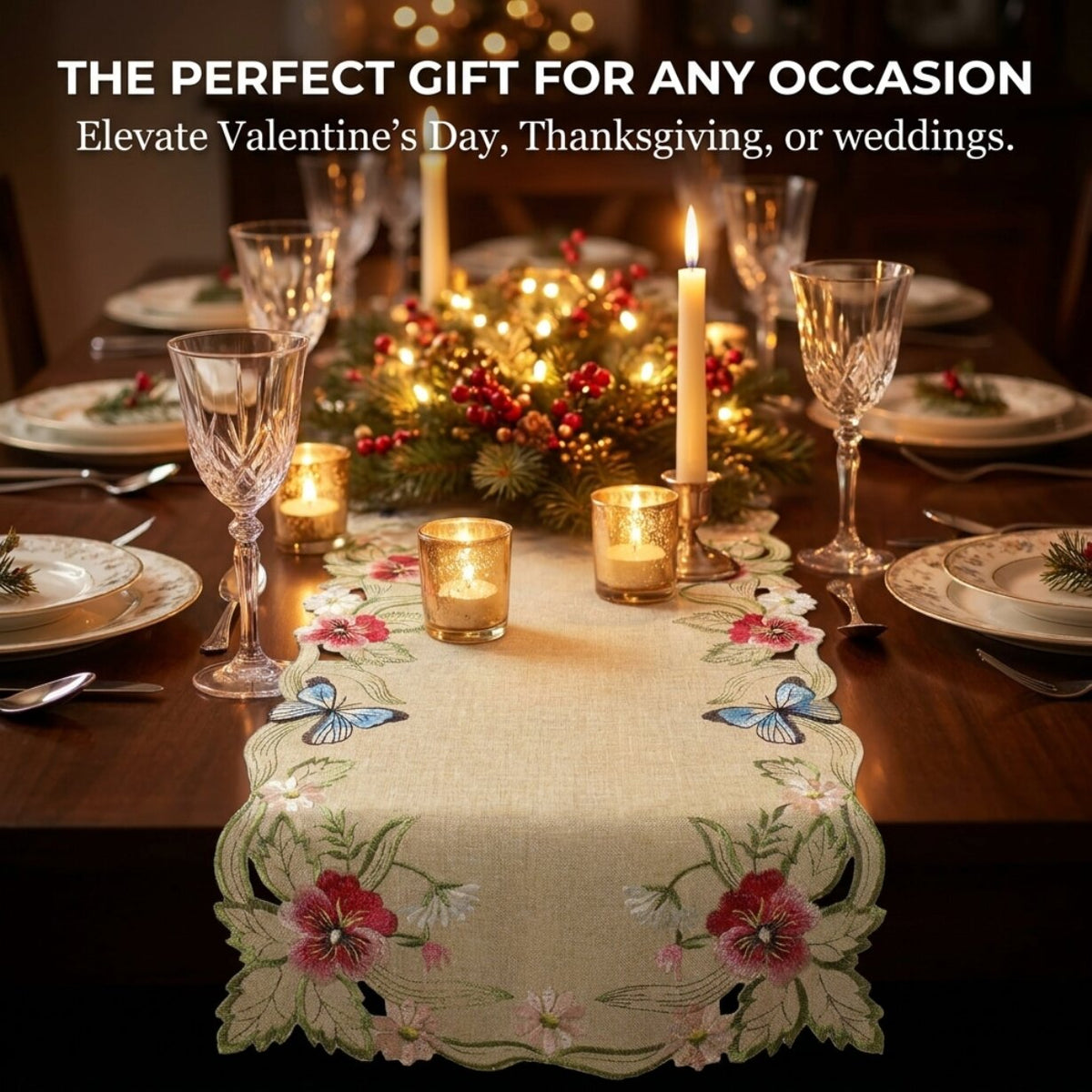 Beige Table Runner – Rustic Embroidered Dining Table Protector 14x108 Inch