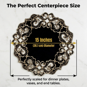 Black Gold Table Doilies – Granada Collection Rustic Embroidered Lace Mats 15 Inch