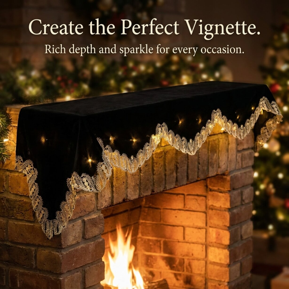 Black Gold Mantel Scarf – Rustic Vintage Fireplace Decor, 18x90 Inch Table Protector