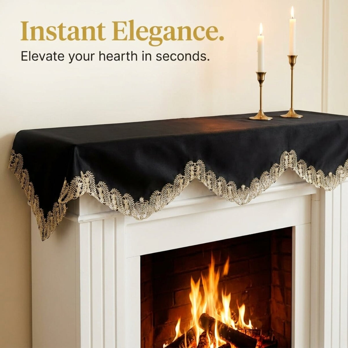 Black Gold Mantel Scarf – Ebony Bloom, 18x90 Inch