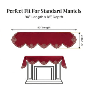 Burgundy Gold Mantel Scarf – Rustic Fireplace Decor, Vintage Table Linen 18x90 Inch