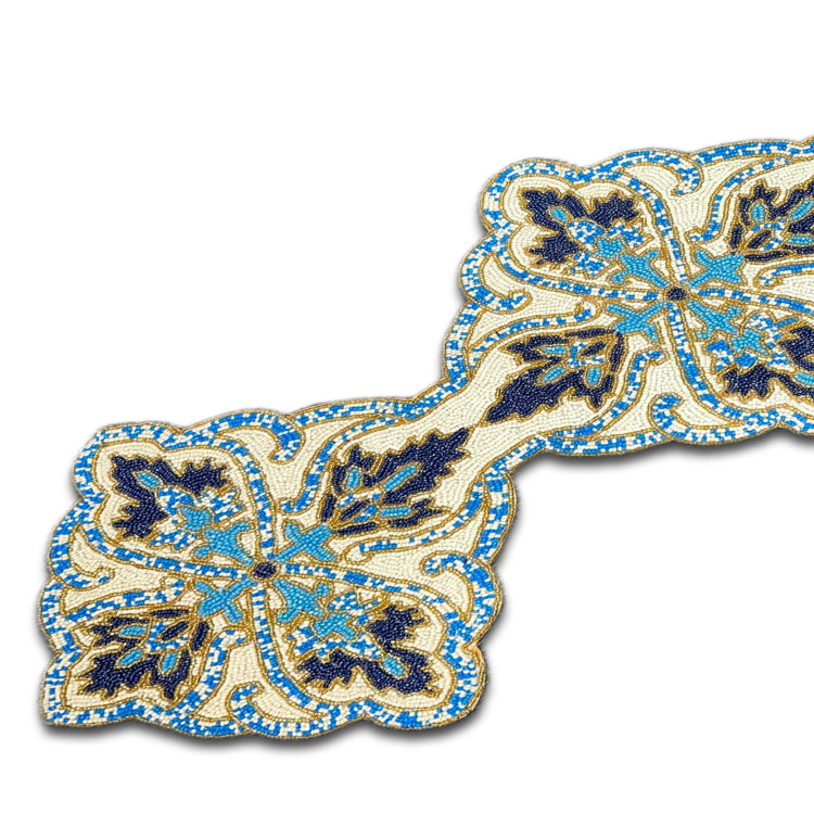 Beaded Table Runner - Blue White 54" x 13"