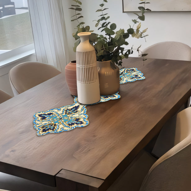 Beaded Table Runner - Blue White 54" x 13"