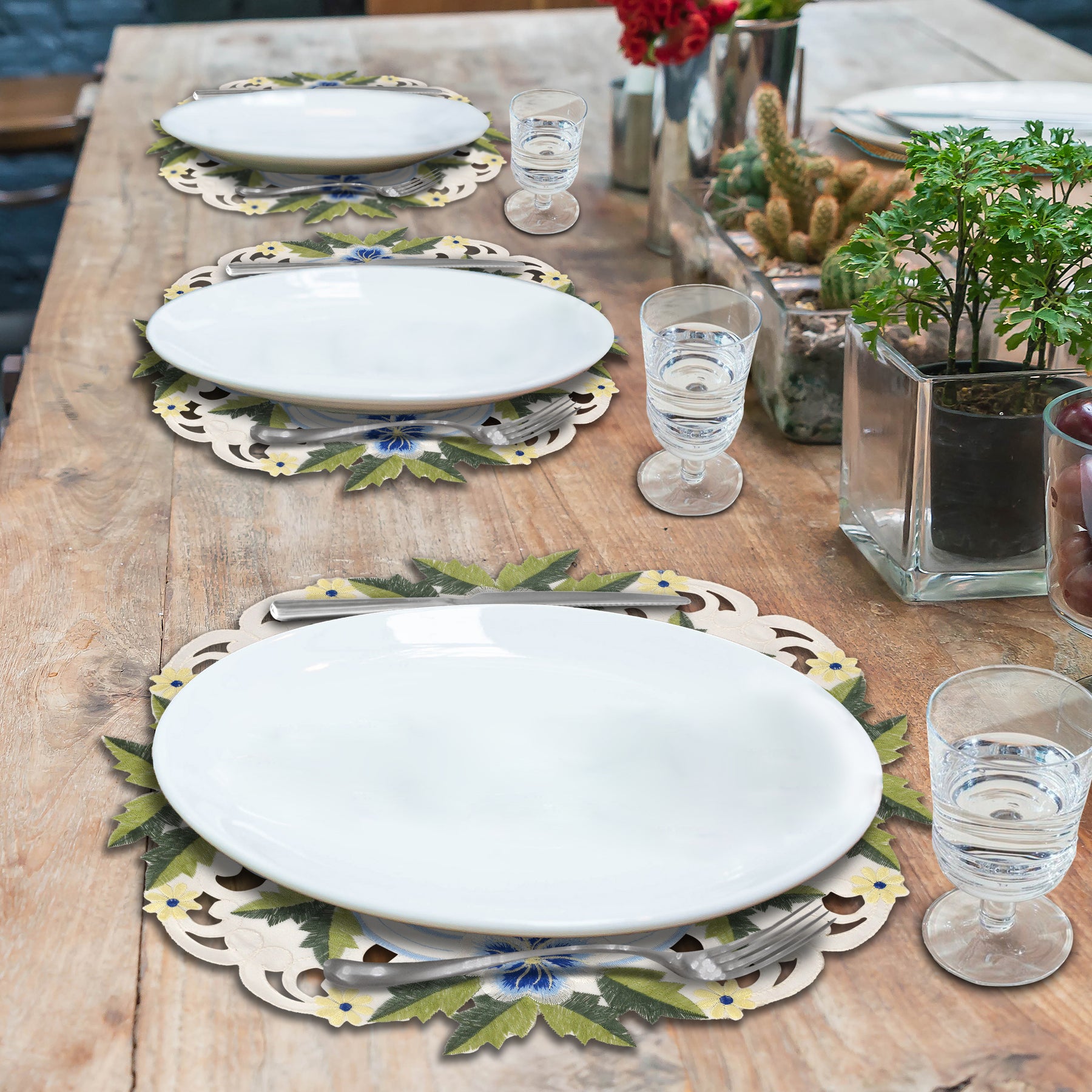 Decozen Blue or Green Lace White Doilies Set of 8 - Round Placemats European Embroidery for Dining Table Home Decor Wedding - 15 inches - The Eternal Grace Collection