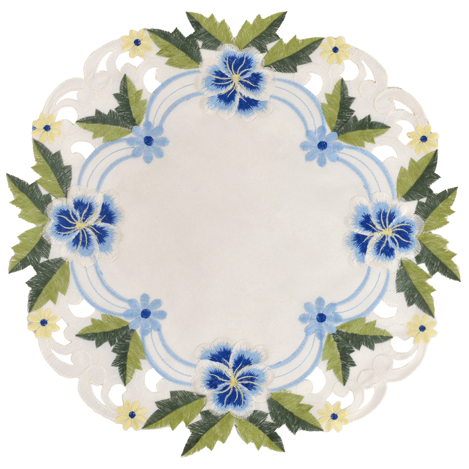 Decozen Blue or Green Lace White Doilies Set of 8 - Round Placemats European Embroidery for Dining Table Home Decor Wedding - 15 inches - The Eternal Grace Collection