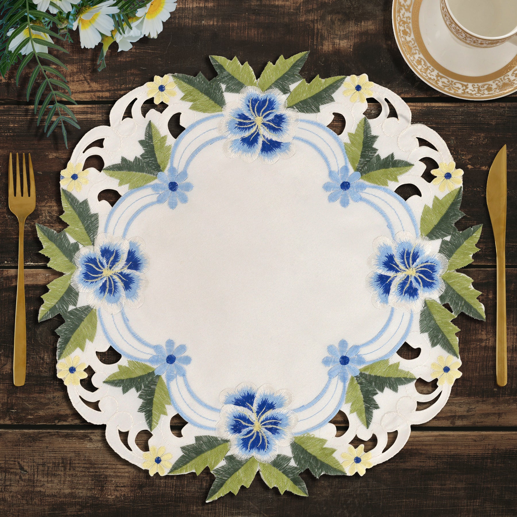Decozen Blue or Green Lace White Doilies Set of 8 - Round Placemats European Embroidery for Dining Table Home Decor Wedding - 15 inches - The Eternal Grace Collection