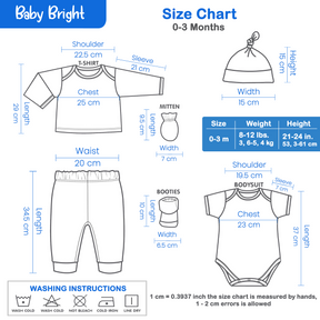 The image is a size chart for baby clothing, providing measurements for various items such as a shoulder, chest, waist, and boots.