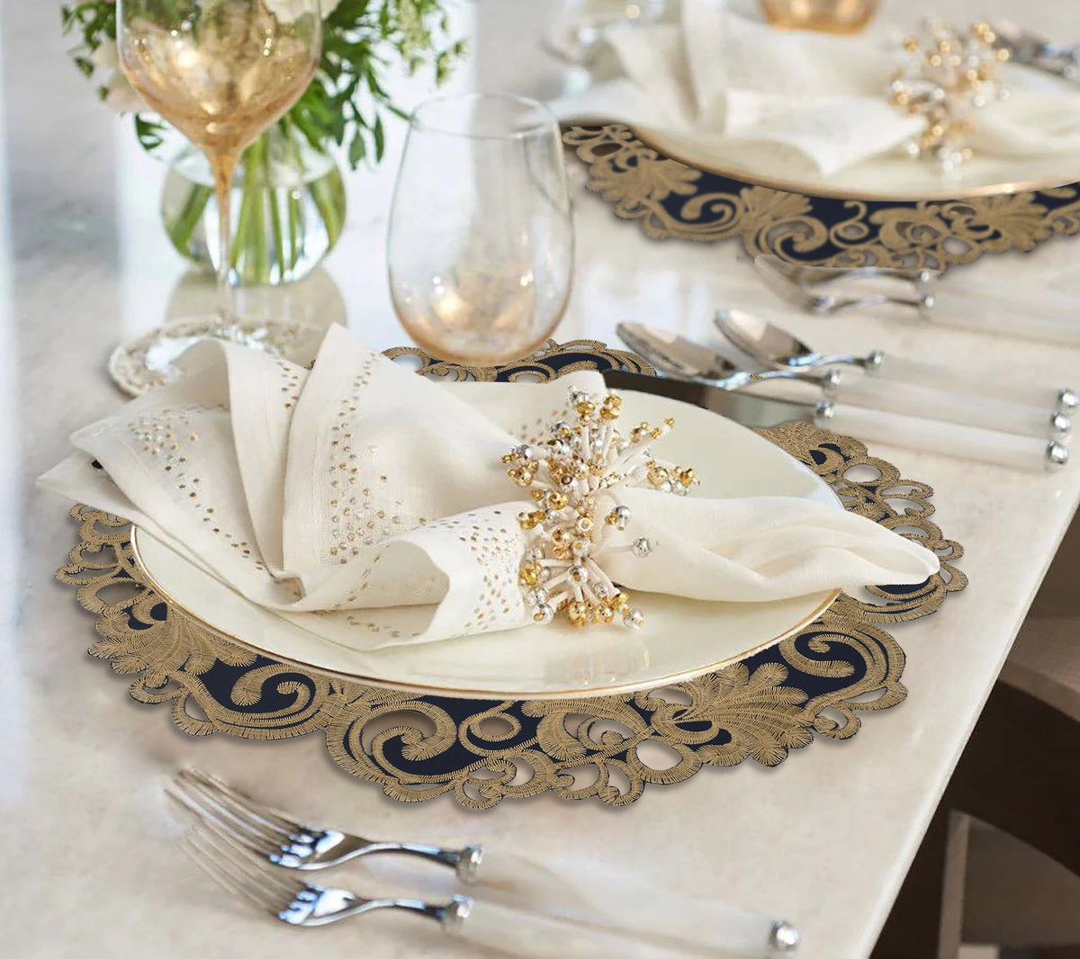 Decozen Gold Lace Blue Doilies Set of 12 - Round Placemats European Embroidery for Dining Table Home Decor Wedding - 15 inches - The Vintage Opulence Collection
