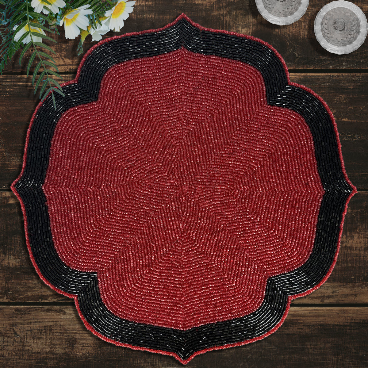 Decozen Deep Red and Black Beaded Placemats for Dining Table - Set of 8-14 Inches for Kitchen Decor Scratch Heat Resistant Charger Durable Tablemats