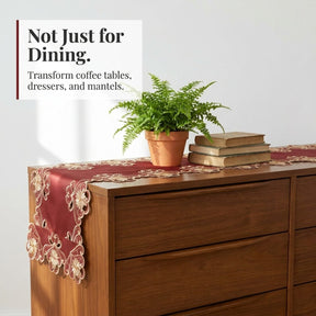 Red Lace Table Runner – European Embroidery Design, Rustic Dining Table Decor 14x108 Inch