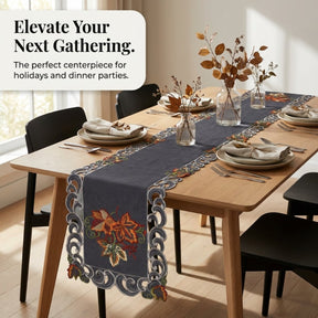 Charcoal Gray Table Runner – Embroidered Fleur Collection, 14x108 Inch Polyester Accent