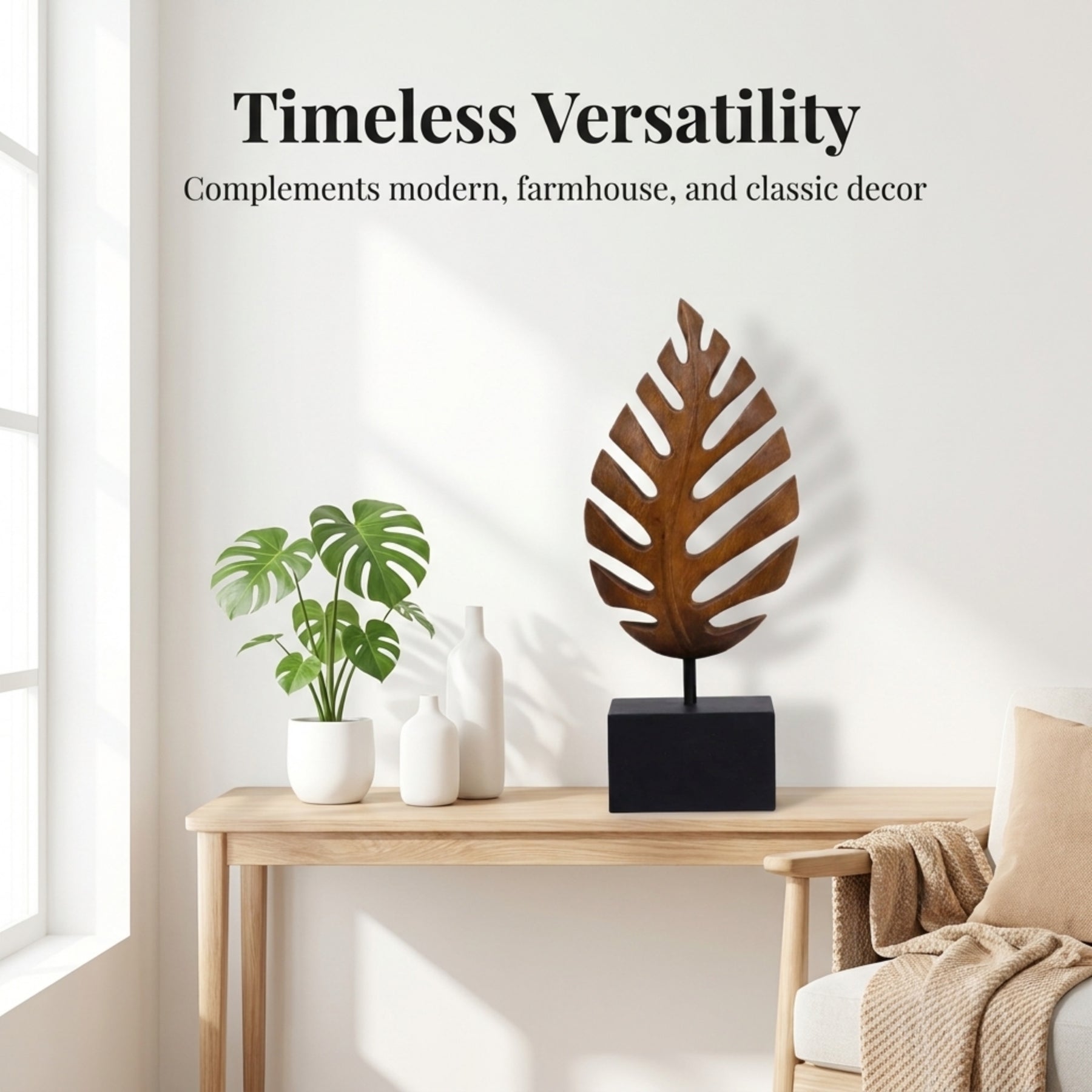 Hand-carved wooden leaf sculpture by Decozen, elegant 01P-0621 wooden décor for home or gift, detailed natural wood craftsmanship