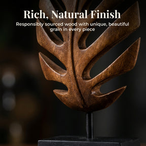 Hand-carved wooden sculpture of a leaf from Decozen's Madilyn Leaf collection, ideal for artistic home décor or gift-giving.