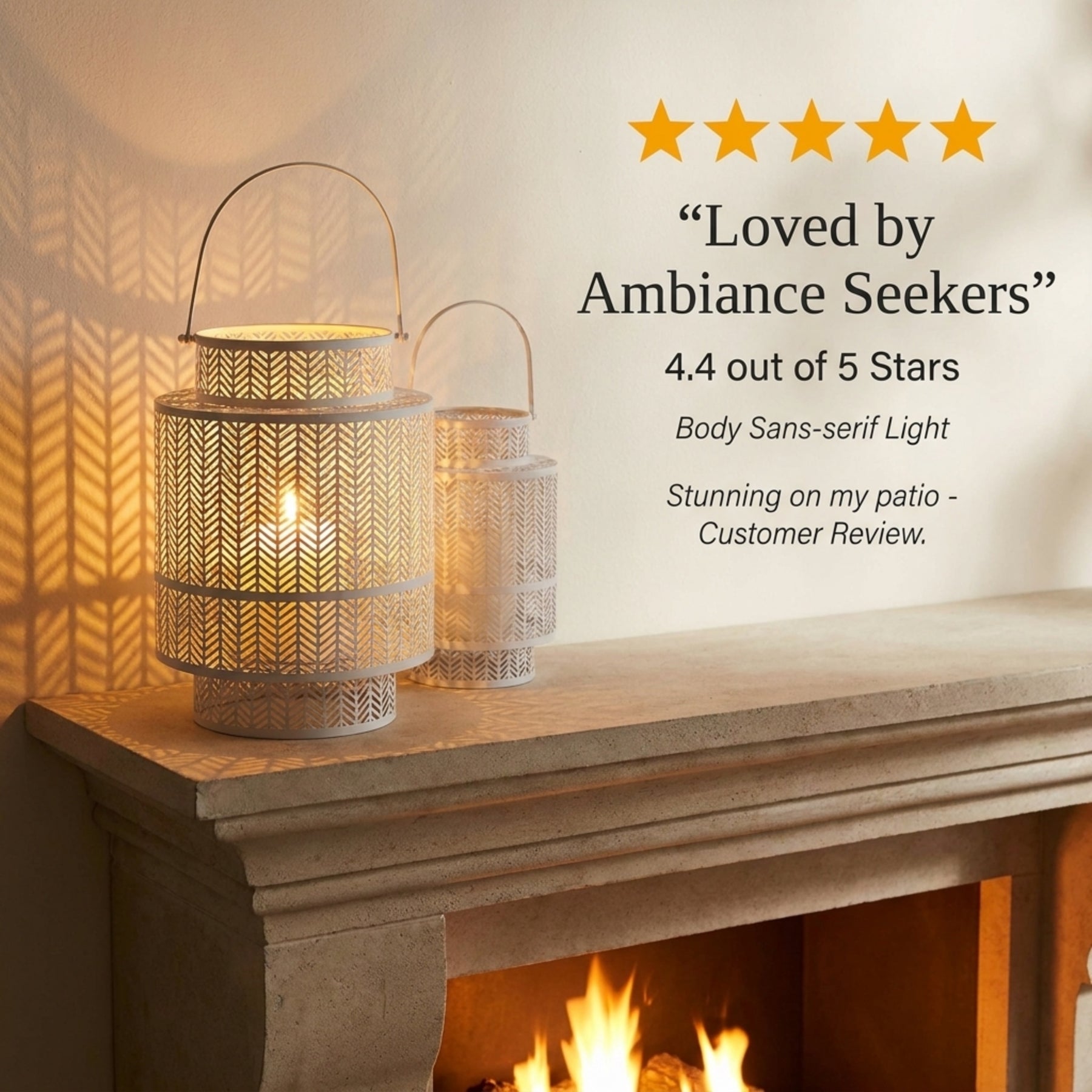 White hanging candle holder lantern by Decozen, decorative outdoor or indoor candle lantern with glass panels and metal frame.