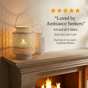 White hanging candle holder lantern by Decozen, decorative outdoor or indoor candle lantern with glass panels and metal frame.