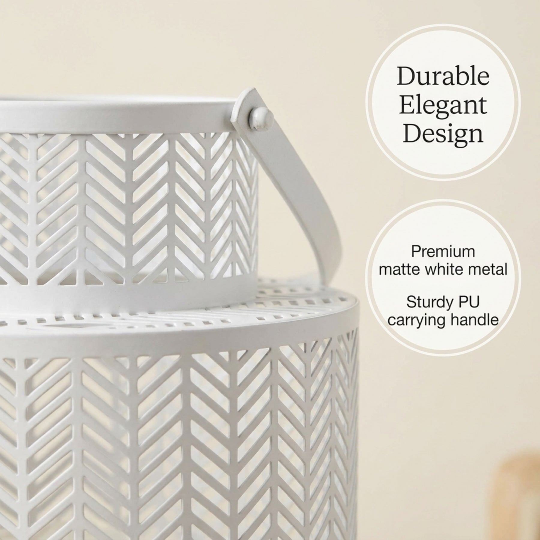 White hanging candle holder lantern with glass panels and metal frame, ideal for decorative outdoor or indoor lighting.