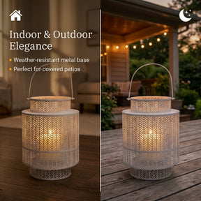 White hanging candle holder lantern from Decozen, decorative metal frame with glass panels for indoor or outdoor use.