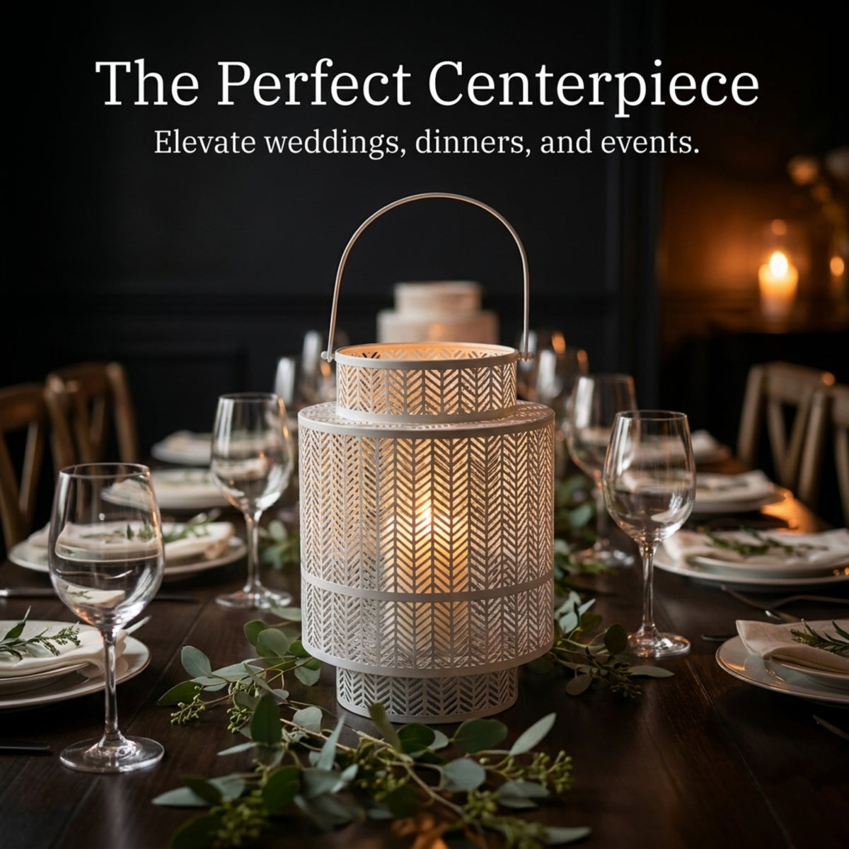 White hanging candle holder lantern with glass panels and metal handle, suitable for decorative lighting and outdoor decor.