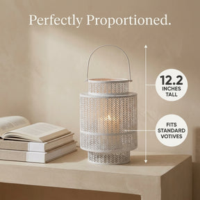 White hanging candle lantern from Decozen, decorative candle holder with glass panels and metal frame, ideal for interior or outdoor decor