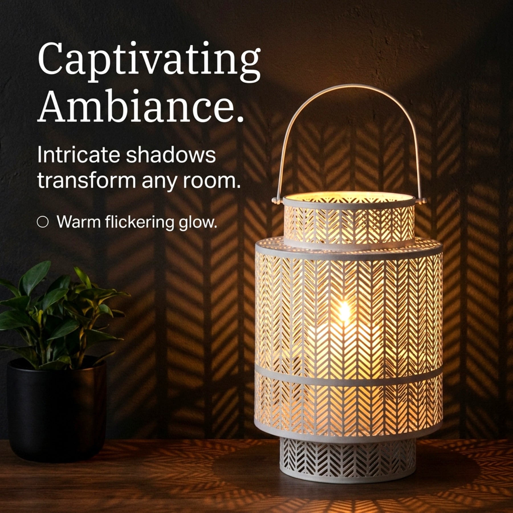White hanging candle holder lantern from Decozen, decorative metal frame with glass panels for candle display.