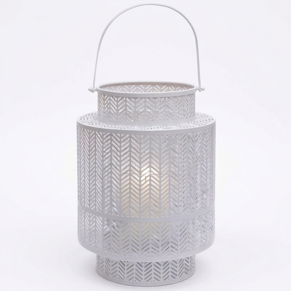 White hanging candle holder lantern with glass panels and metal frame, ideal for decorative outdoor or indoor lighting.