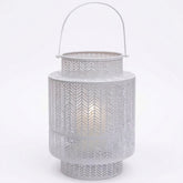 White hanging candle holder lantern with glass panels and metal frame, ideal for decorative outdoor or indoor lighting.