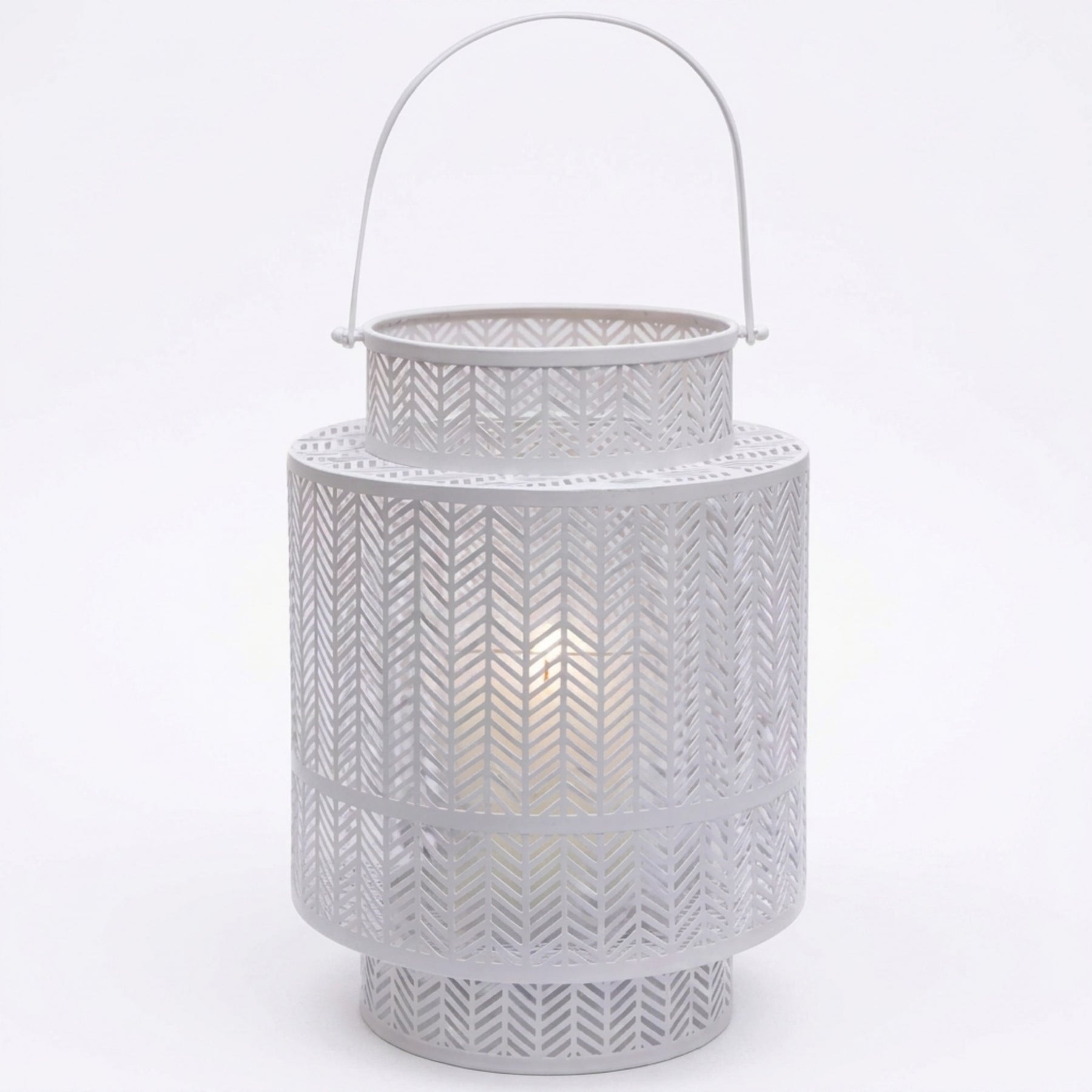 White hanging candle holder lantern with glass panels and metal frame, ideal for decorative outdoor or indoor lighting.